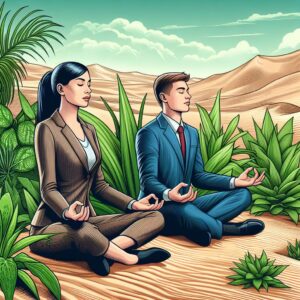 man and woman meditating and finding peace among their busy lives, is a skill that can be learnt through good training