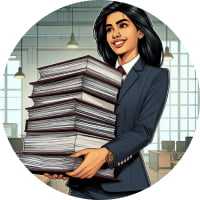 Lady carrying a large pile of books to show responsibility, ownership and accountability that we can teach our clients