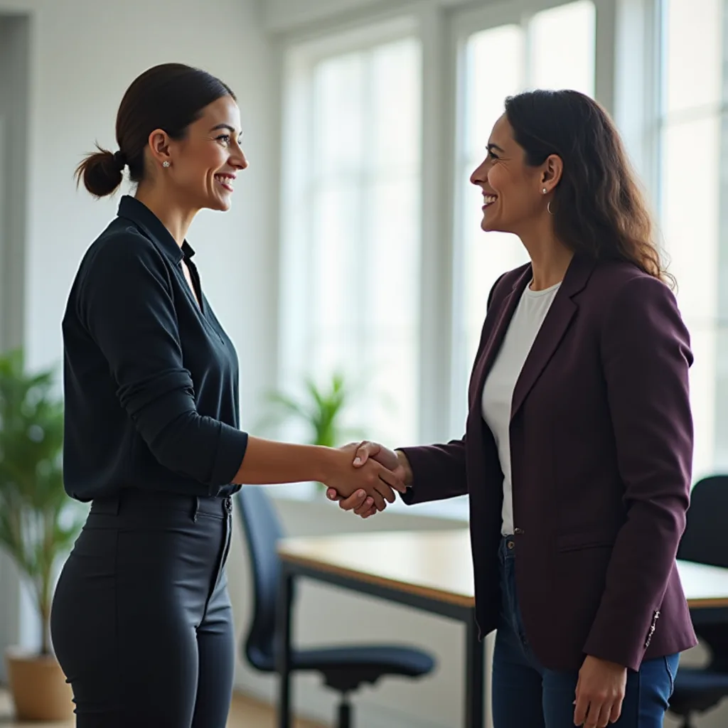 Two ladies shaking hands and communicating well